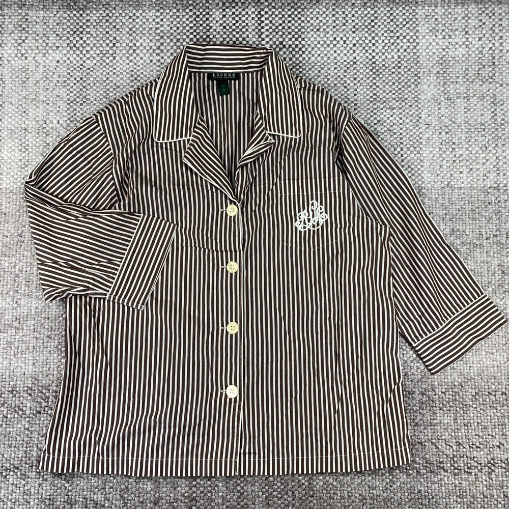 LAUREN Ralph Lauren Pajama Top Women XL Brown Striped Monogram Cotton
